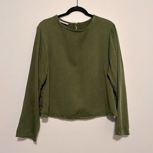 Bryn Walker Olive Green Boxy Long Sleeve Top with Button Key Hole on Back - M